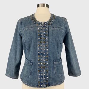 Live a Little Womens Studded Denim Jacket Light Blue Wash Hook Front size Small